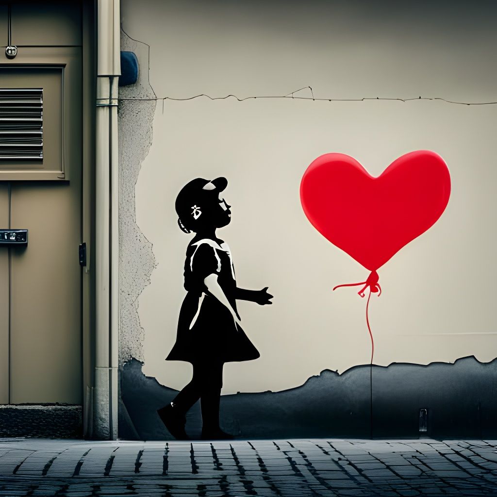 Banksy Style Street Art with Heart Balloon