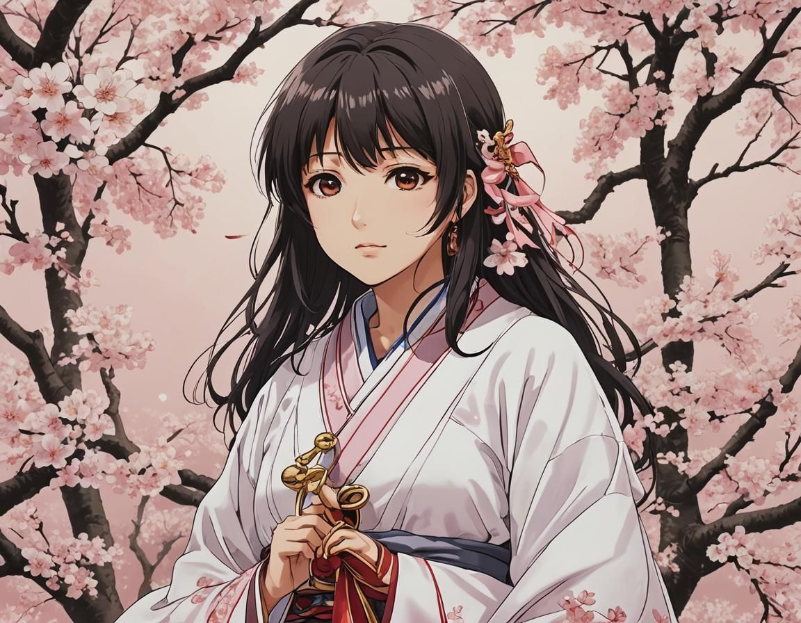 Anime Girl in Sakura Garden: Romantic Illustration