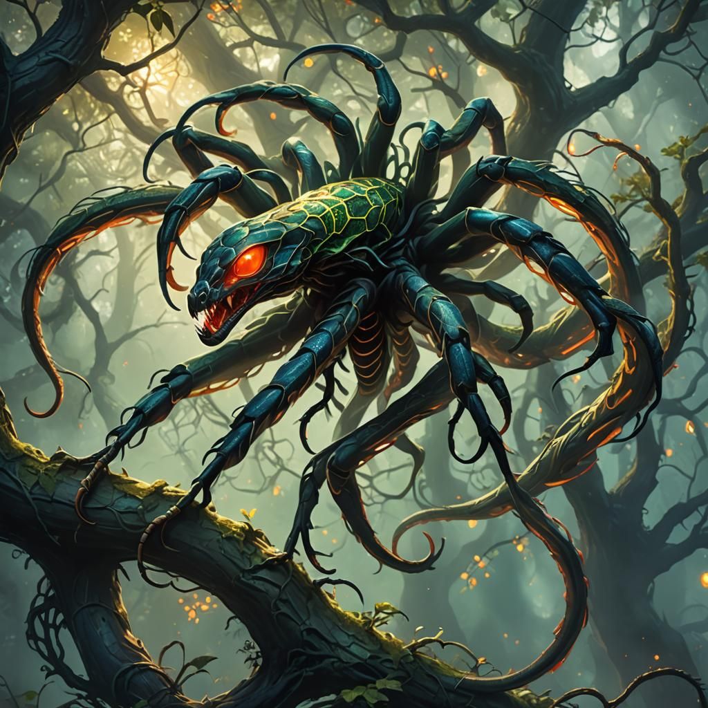Mystical Spider-Snake Hybrid Creature in Dark Fantasy Style