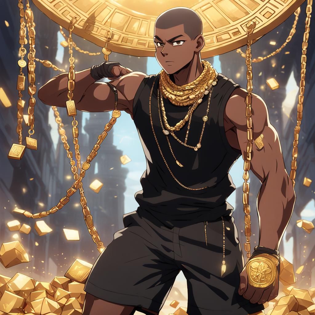 Muscular Boy with Gold Chains in Anime Style