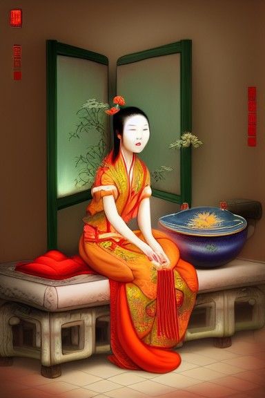 Chinese Woman Washing Blood: Hyperrealistic Painting