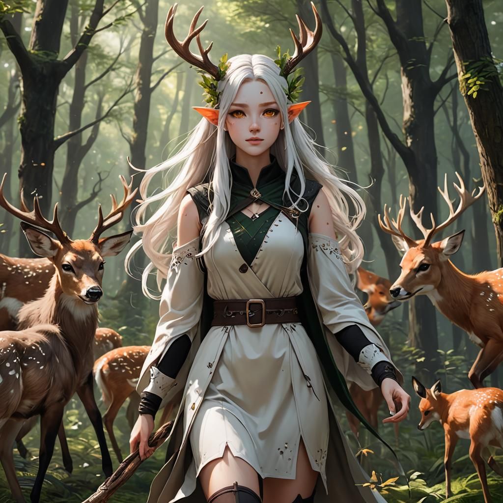 Wood Elf with Deer Antlers in Anime Style