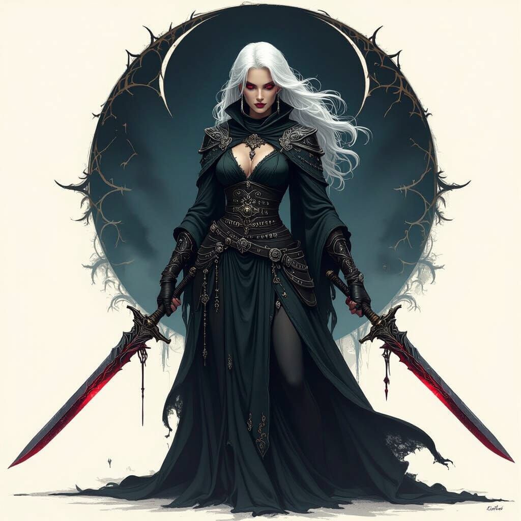 Darkling Elder with Sabers in Gothic Fantasy Style