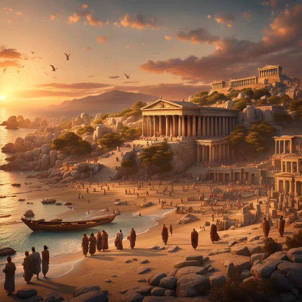 Antique Athens Sunset: Detailed Matte Painting