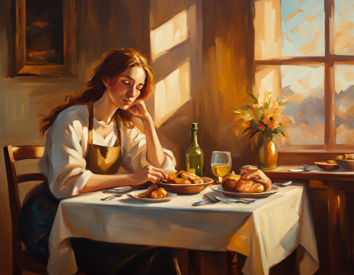 Cozy Meal: Oil Painting with Golden Light