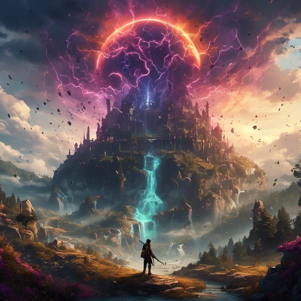 Surreal Dark Academia Landscape with Sunshine Rays