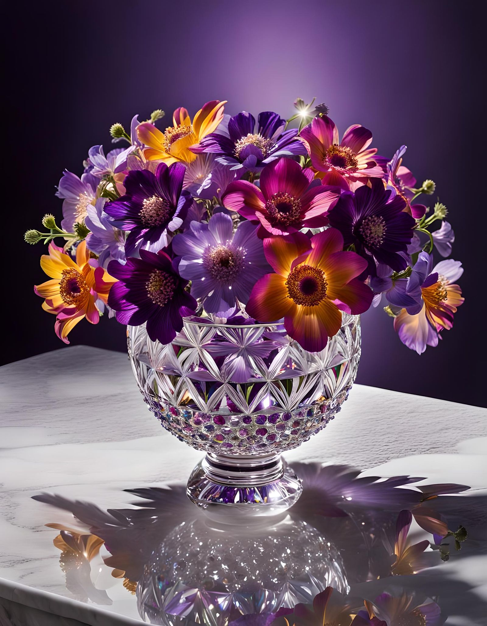 Crystal Vase with Purple Flowers in Sunlight