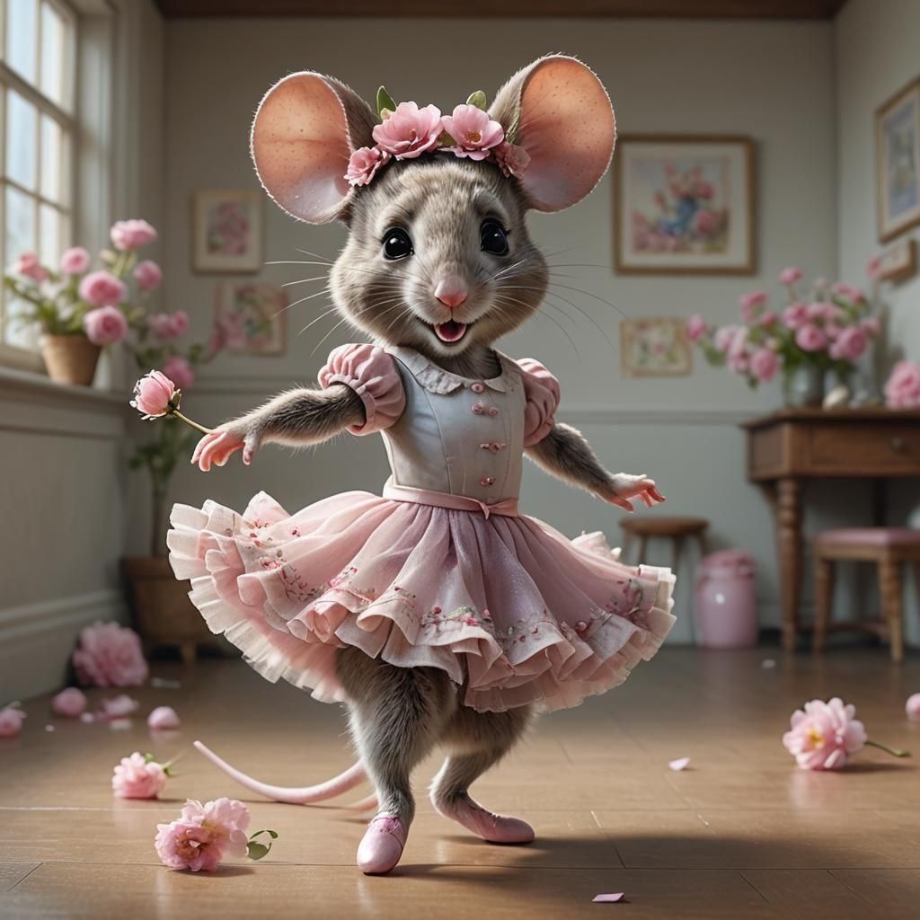 Adorable Mouse Ballerina Twirling, Hyperrealistic Fine Art