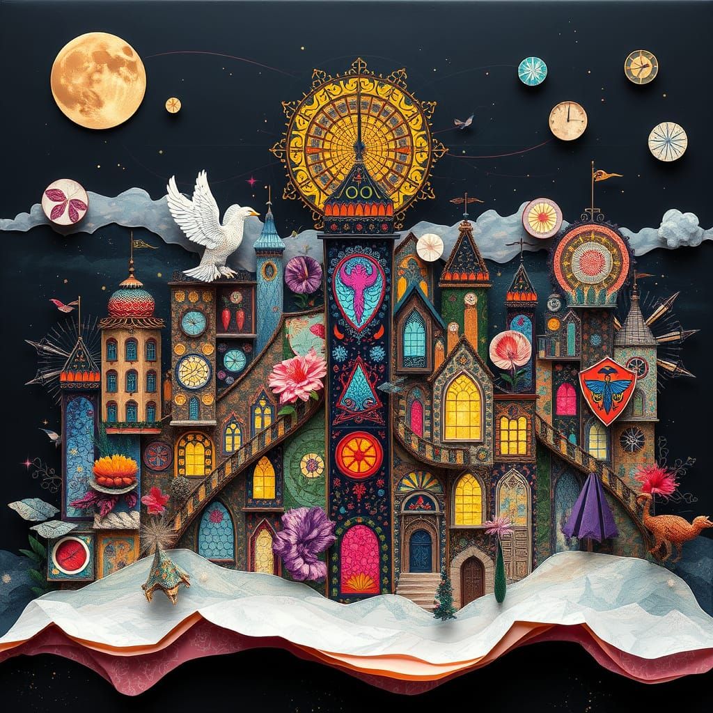 Dreamlike Paper Collage Cityscape with Mythological Elements