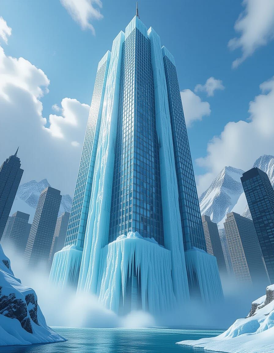 Hyperrealistic Ice Skyscraper Waterfall in Mixed Media Style