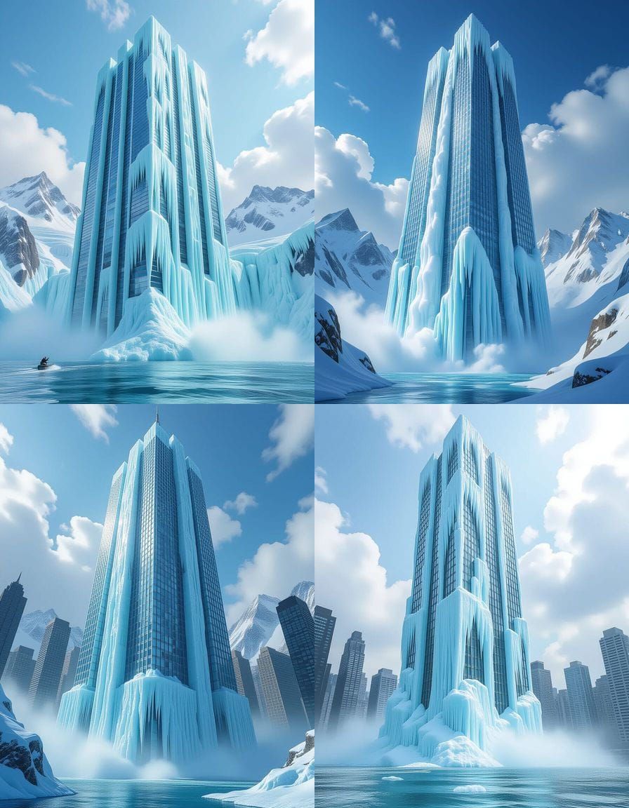 Ice Waterfall Cascading Down Colossal Skyscraper