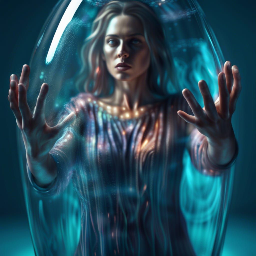 A beautiful woman trapped in a glass jar