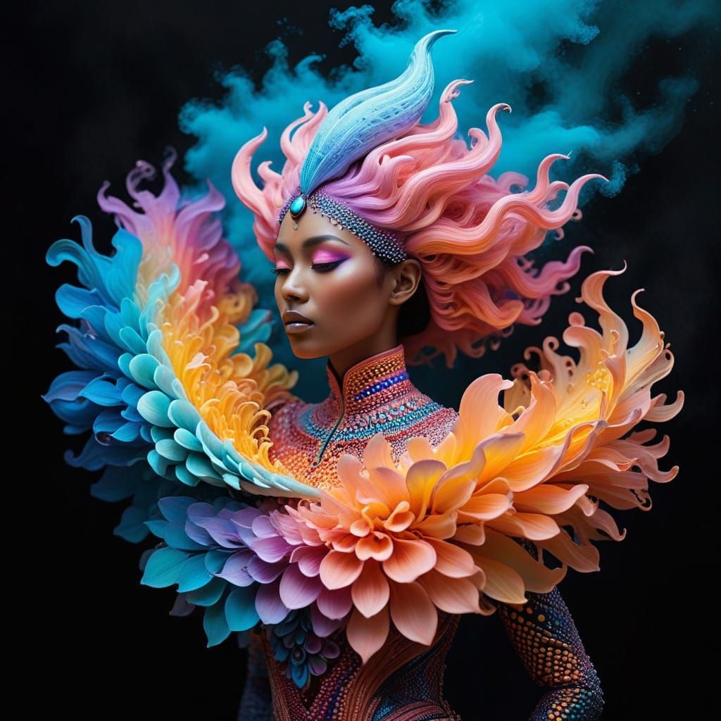 Ethereal beauty draped in cosmic blooms of strength