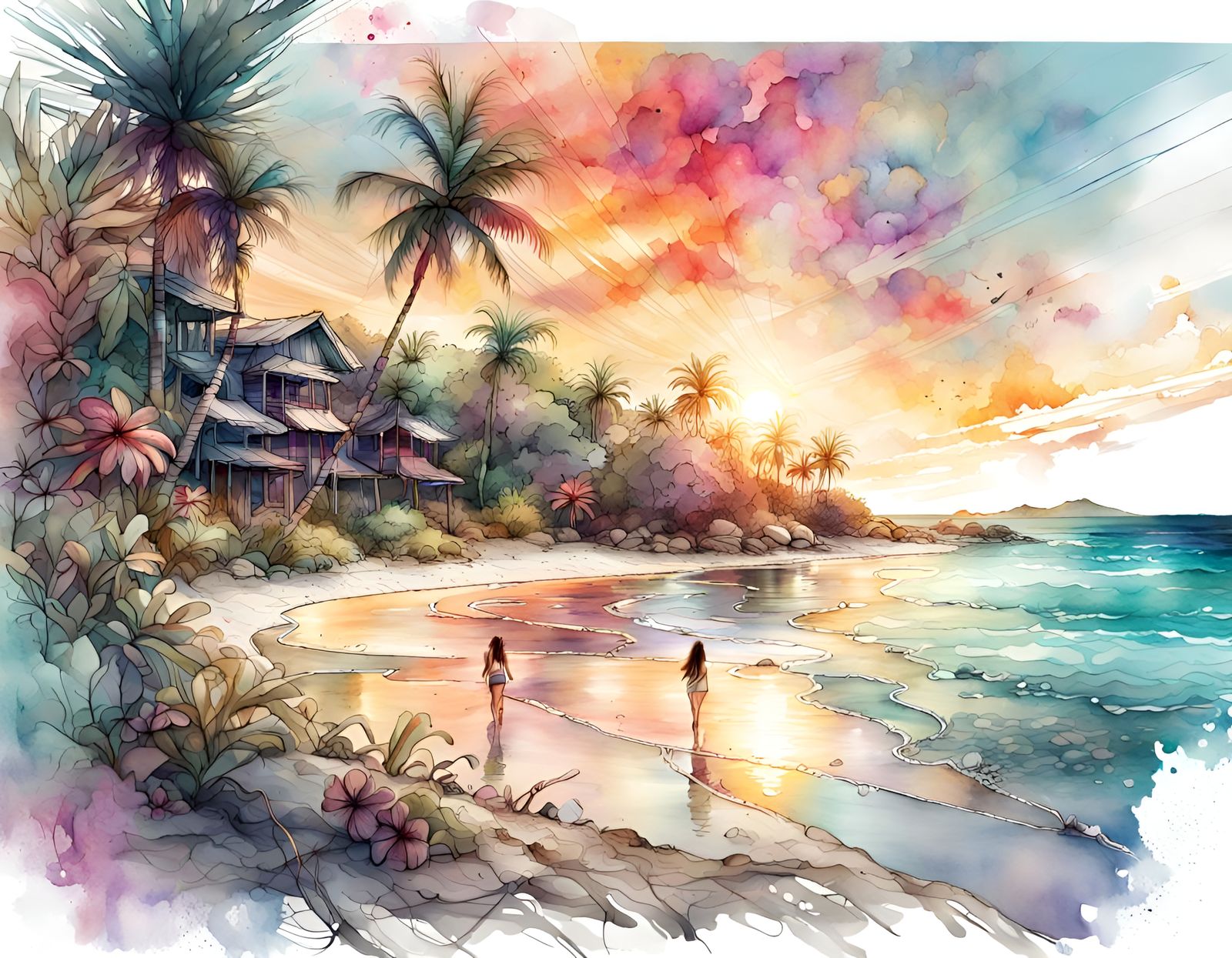 Tropical Beach Sunset in Digital Watercolor Style