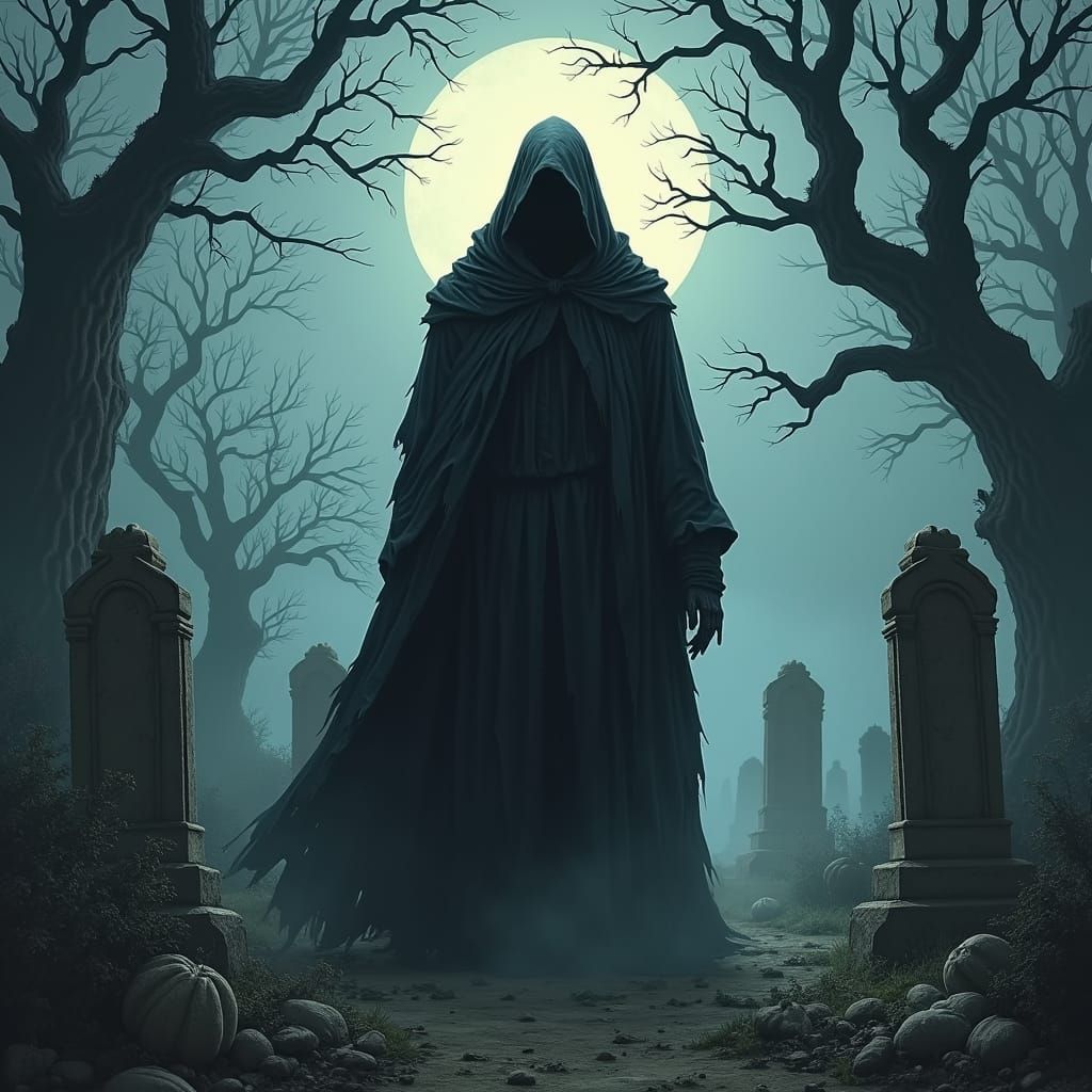 Grim Reaper in Graveyard on Halloween, Illustrative Style