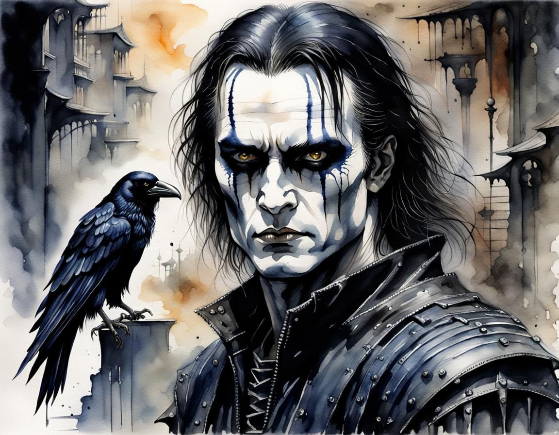 Brandon Lee as the Crow, a Watercolor Noir Portrait