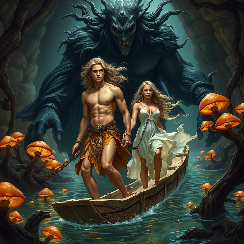 Chained Captives Adrift in Ancient Ruins, as Dark Giant Loom...