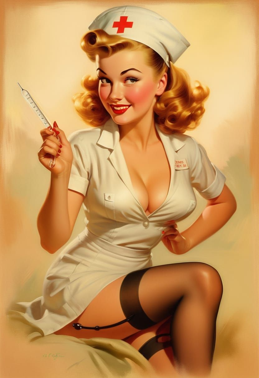 Playful Pin-Up Nurse with Thermometer in Vintage Style