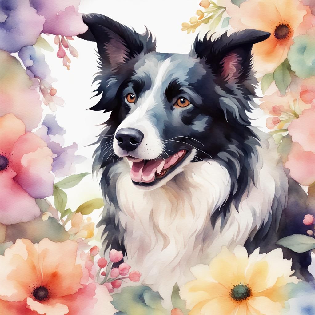 Smiling Border Collie in Watercolor Flower Garden