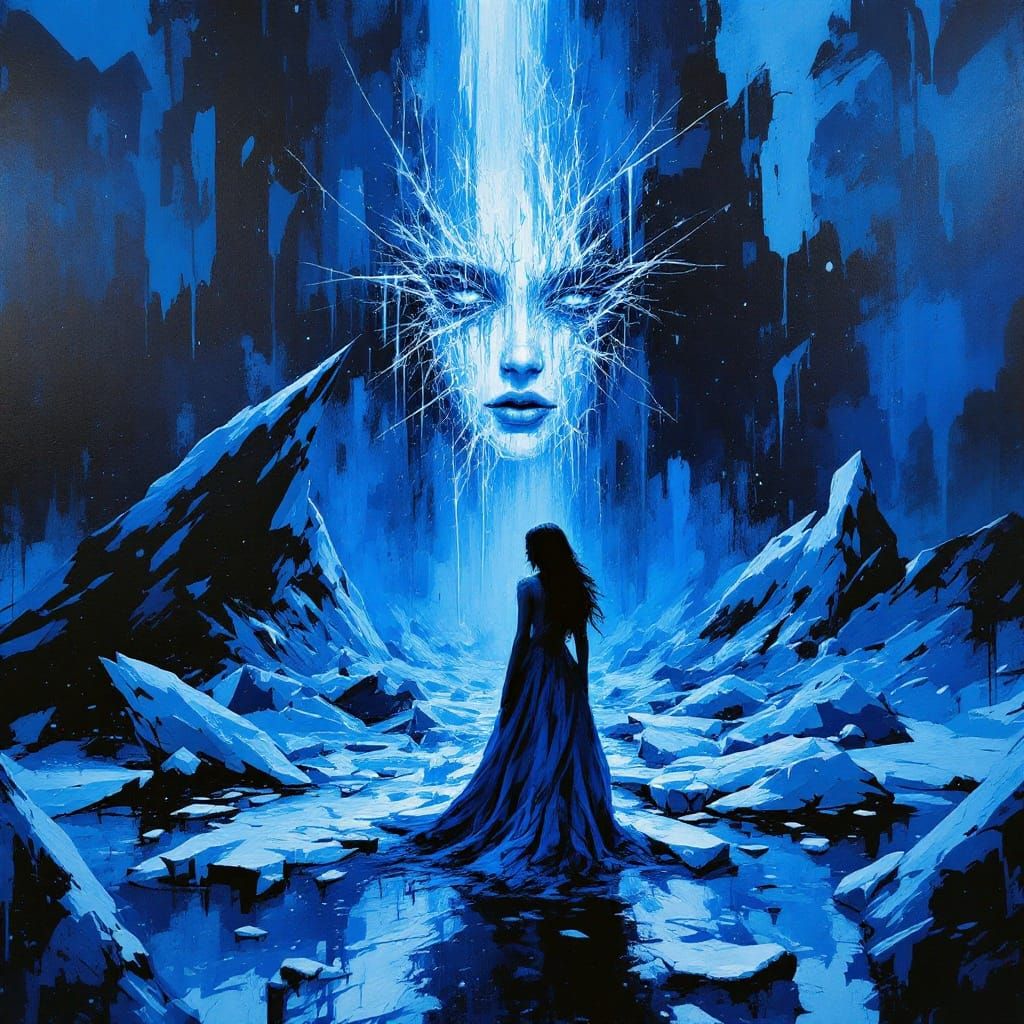 Ethereal Goddess Melting into Cosmic Chaos in Vibrant Blue H...