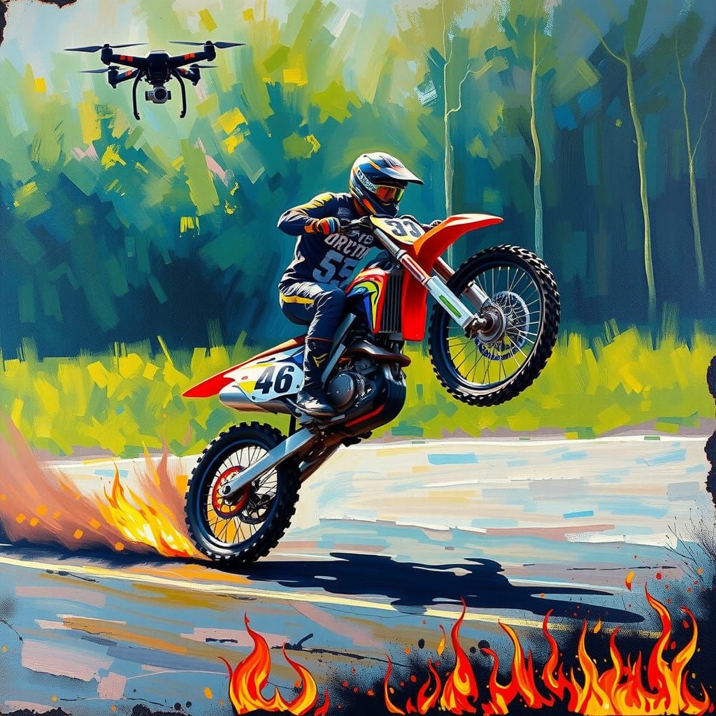 Thrilling Motocross Scene in Neo-Expressionist Oil Painting