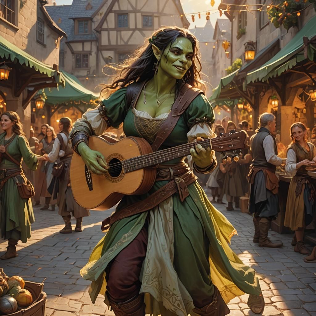 Orc Bard Dances in Magical Market Square