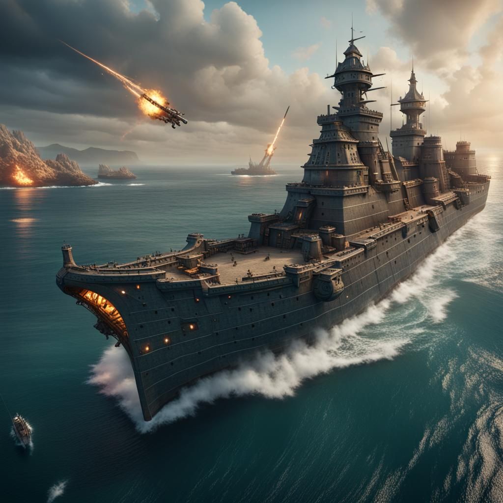 Battleship Fires on Fortress: Detailed Matte Painting