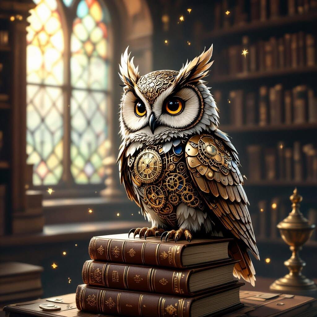 Steampunk Owl with Clockwork Gears on Antique Books