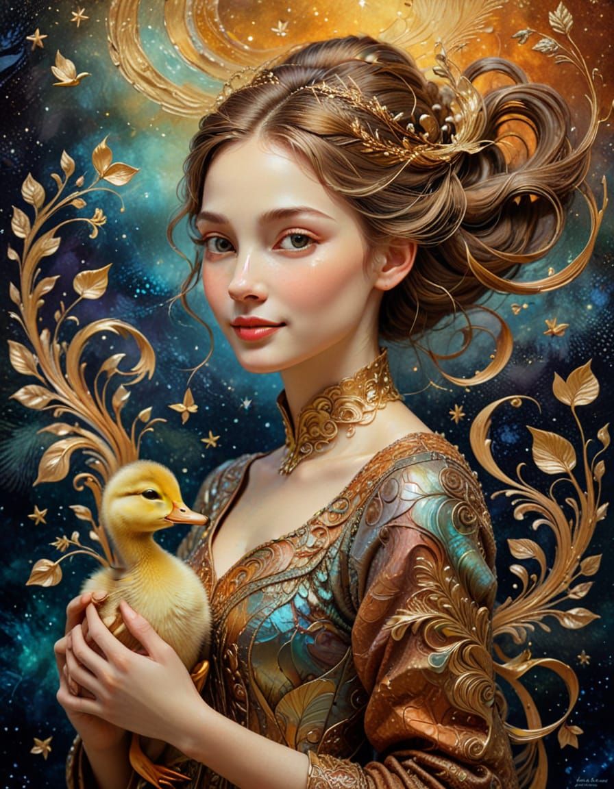 Dreamlike Portrait of Elegant Lady with Duckling