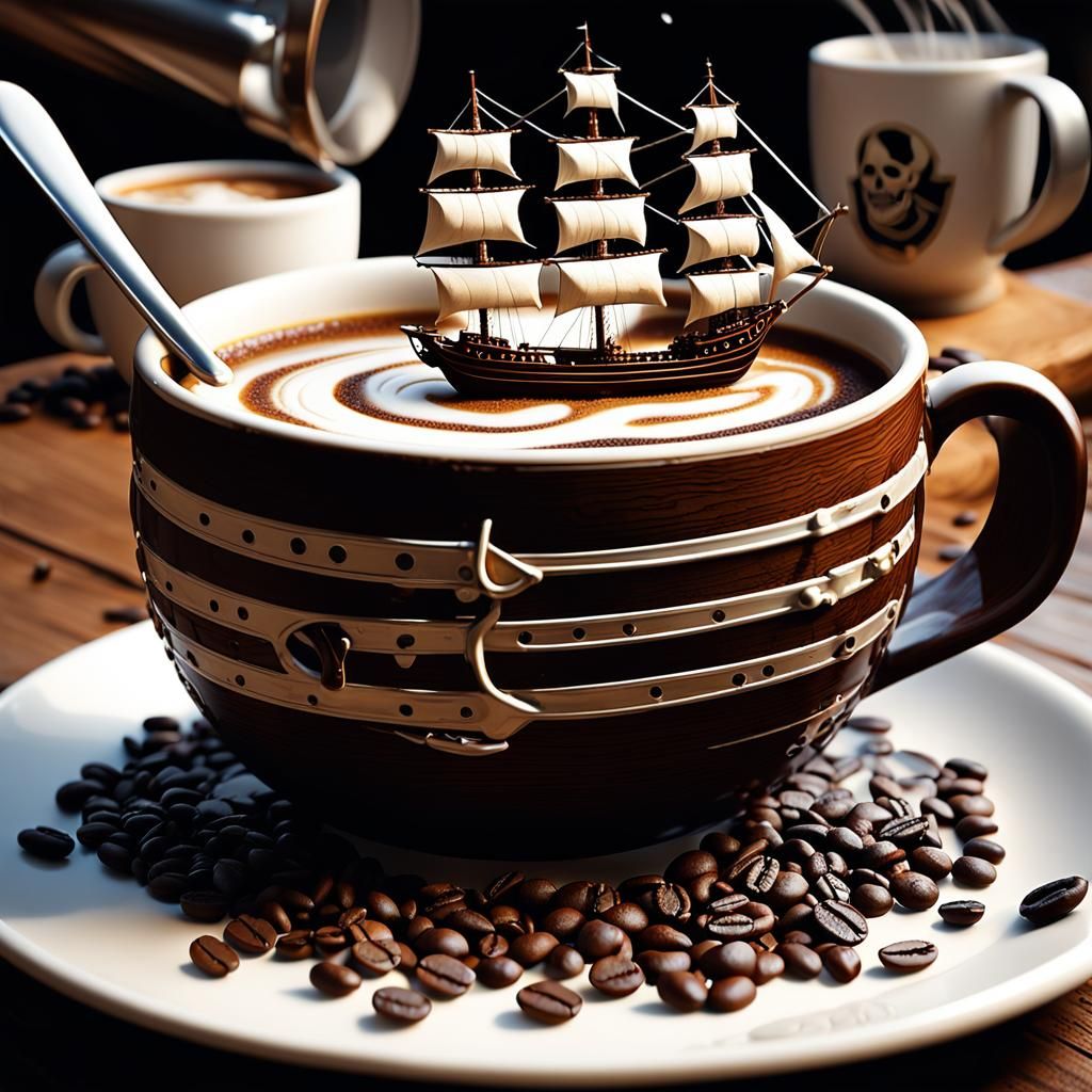 Pirate Battle in Coffee Mug: Hyperrealistic Digital Photo