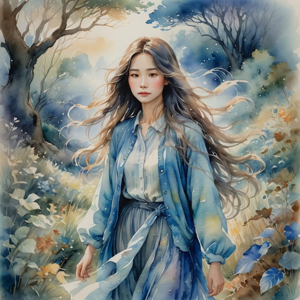 Dreamy Watercolor Woman in Ethereal Landscape