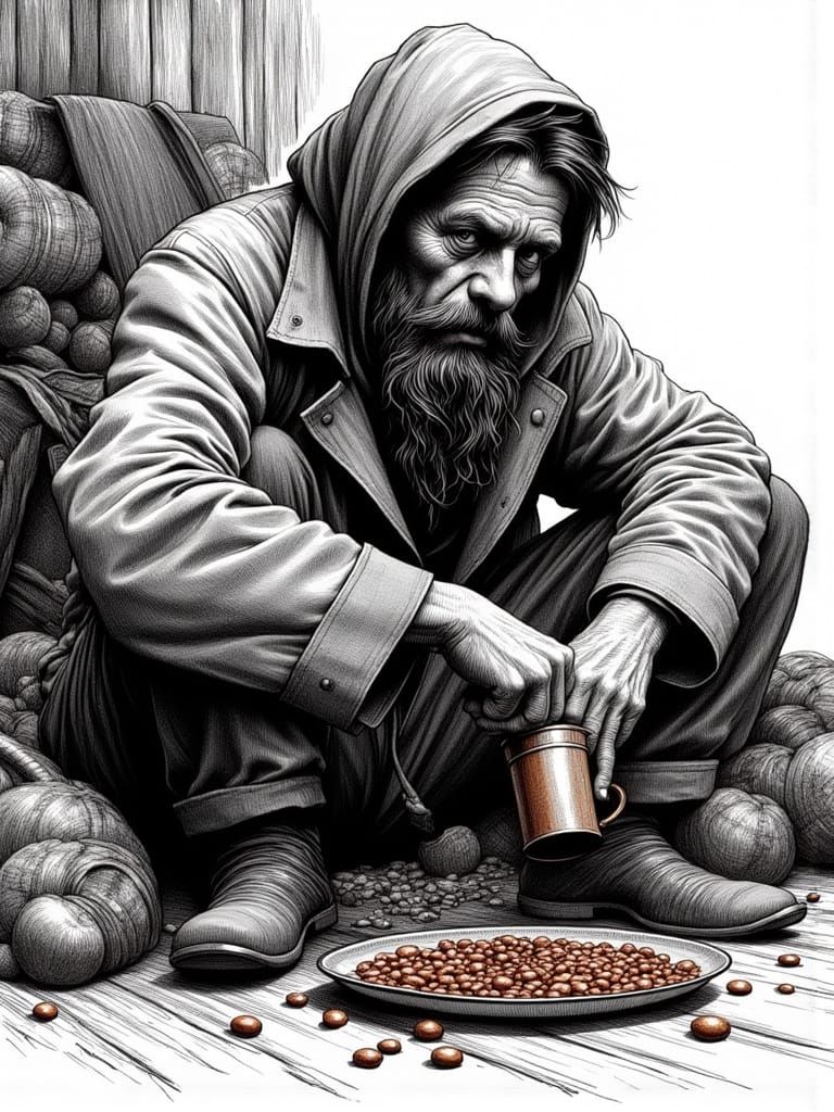 A Homeless Man Prepares a Meal in a Realistic Pen and Ink Dr...