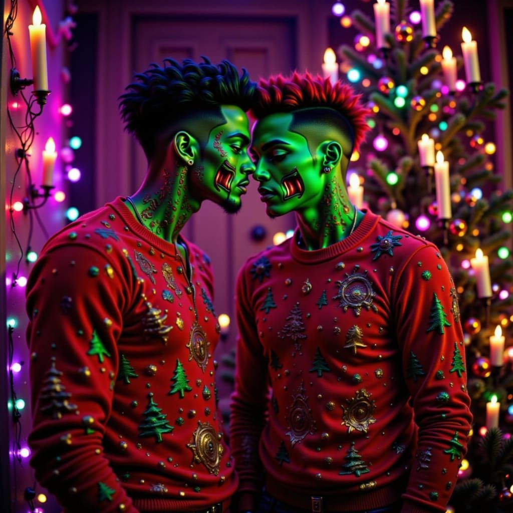 Neon Pop Noir Zombie Couple Kissing Under Mistletoe