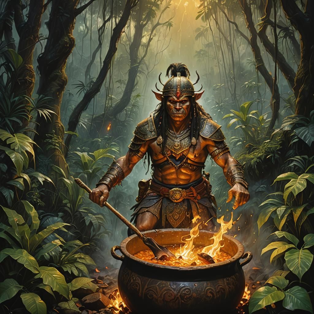 Warrior in Magical Pot, Fantasy Oil Painting