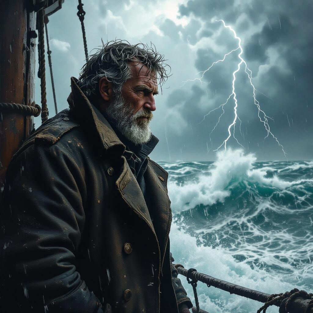 Grizzled Sailor Against Tempestuous Sea, Hyperrealistic Art