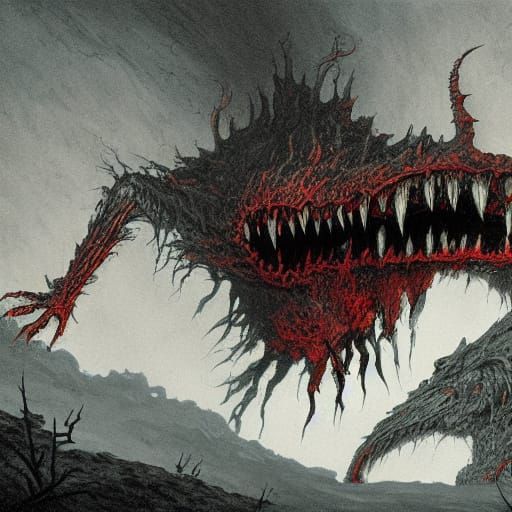 Gothic Horror Monster Emerging from Dark Cave