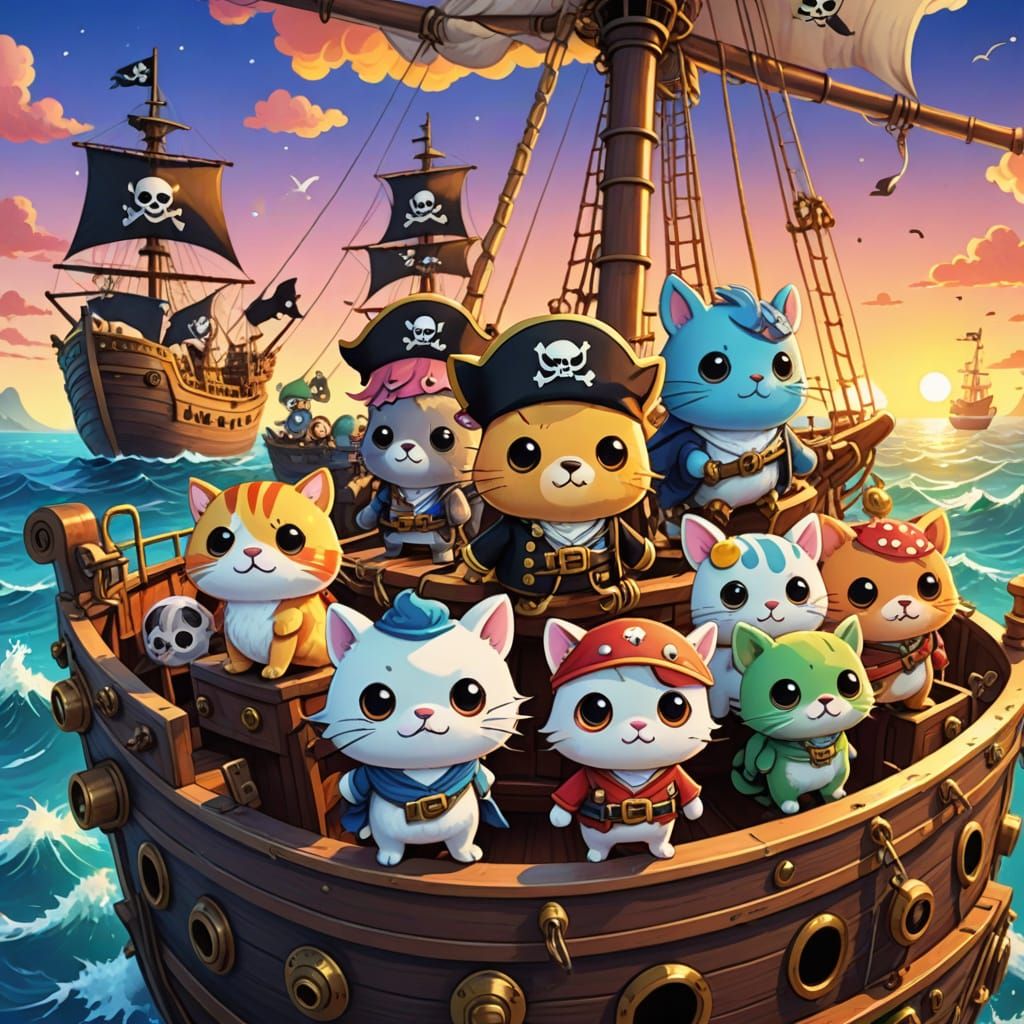 Kawaii Pirate Animals on a Battle Ship in Anime Style