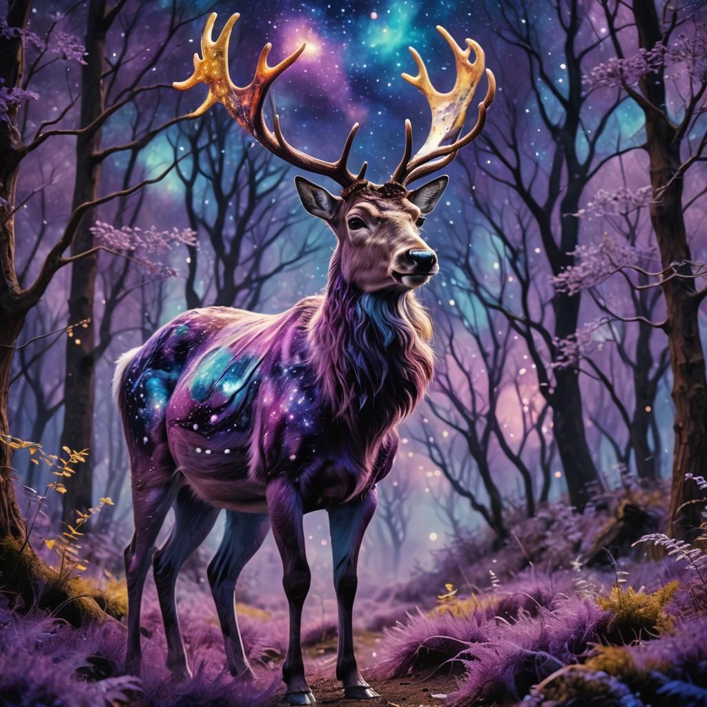 Cosmic Reindeer in Mystical Forest: Fauvist Fantasy