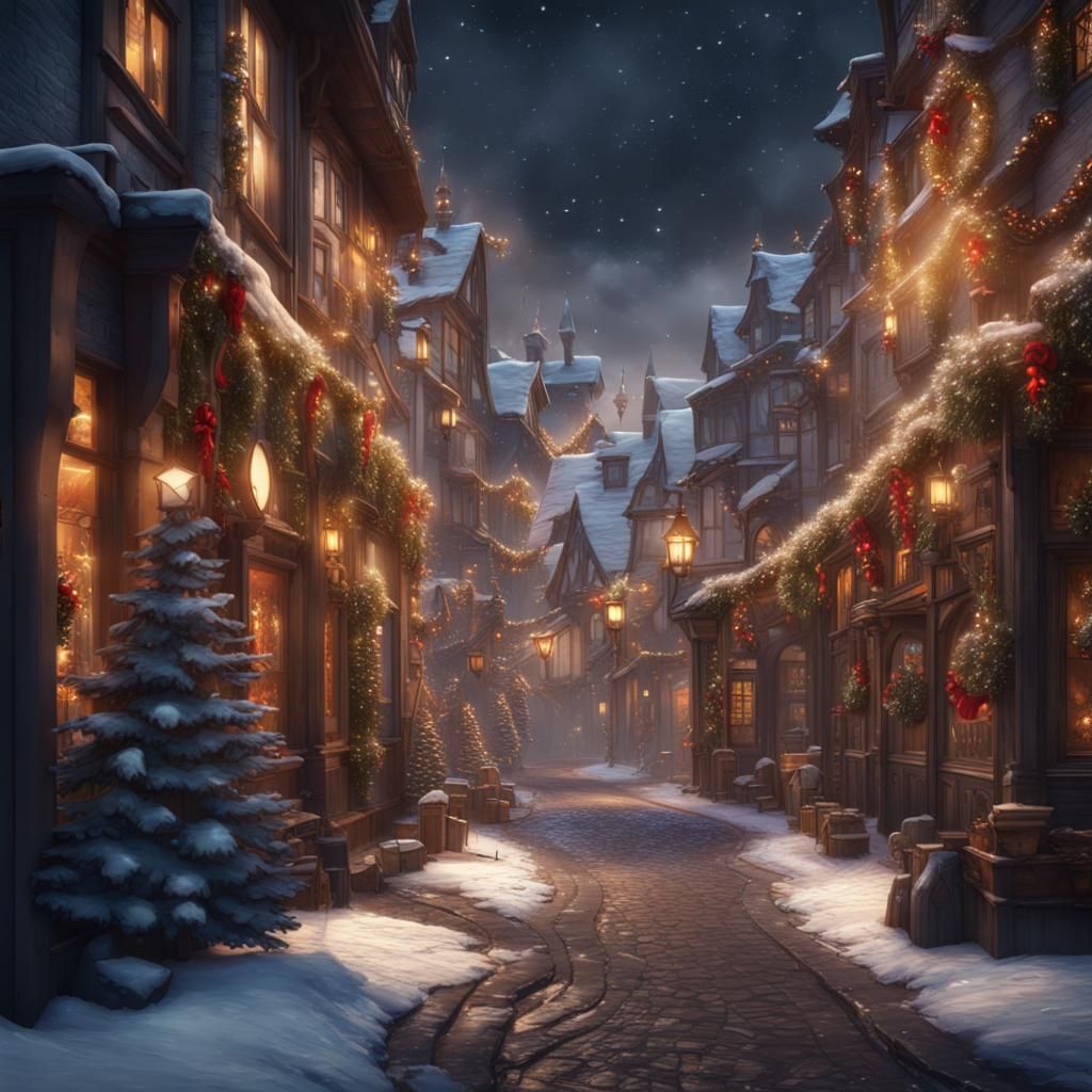 Christmas Decorated Street in Detailed Matte Painting