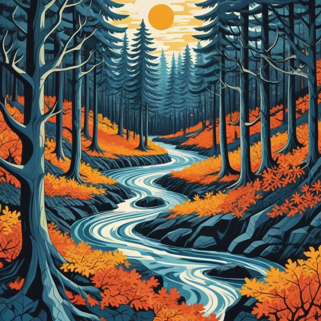 Surreal Wave Crashes Through Twisted Trees in Risograph Land...