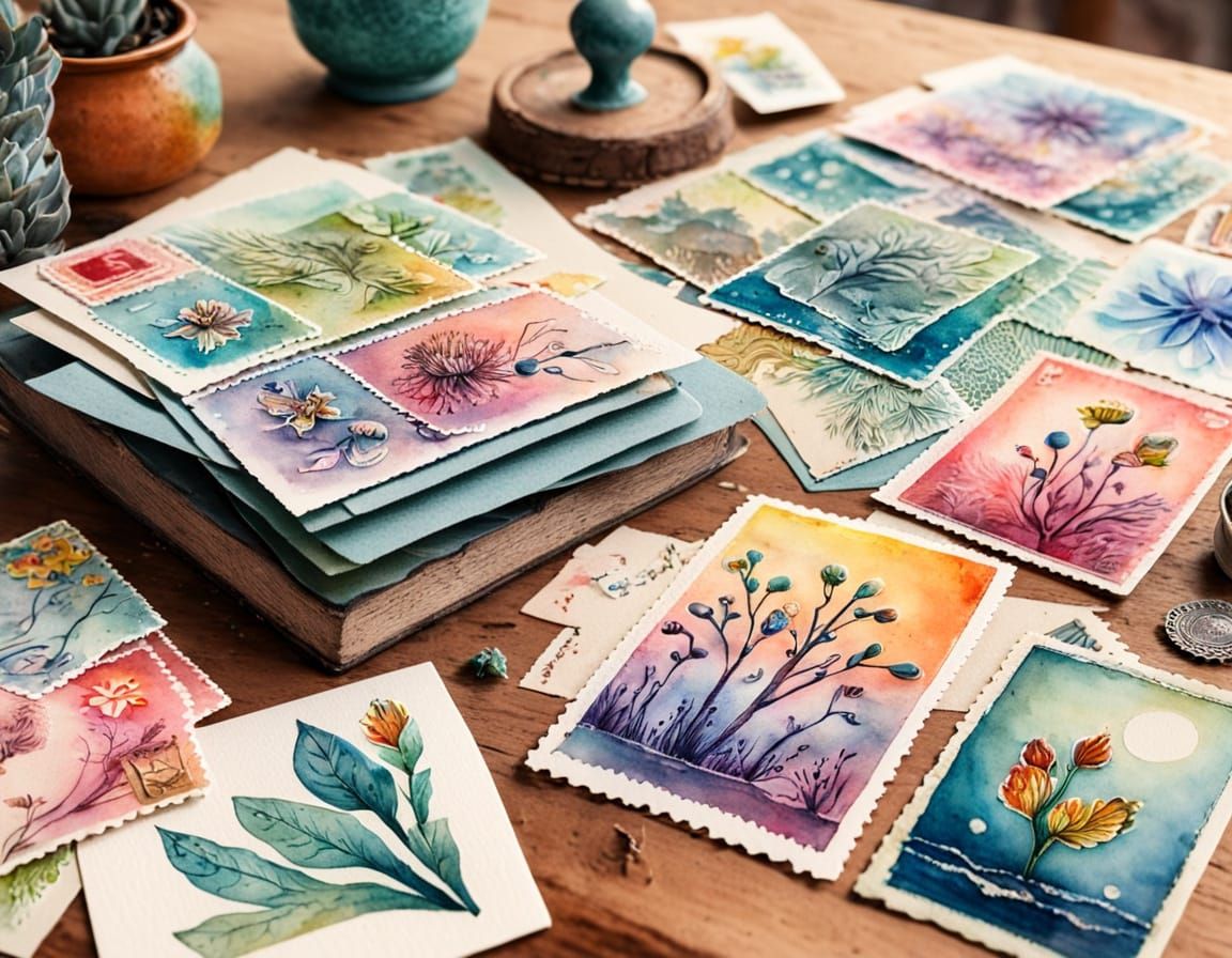 Colorful Postcards and Stamps in Watercolor Style