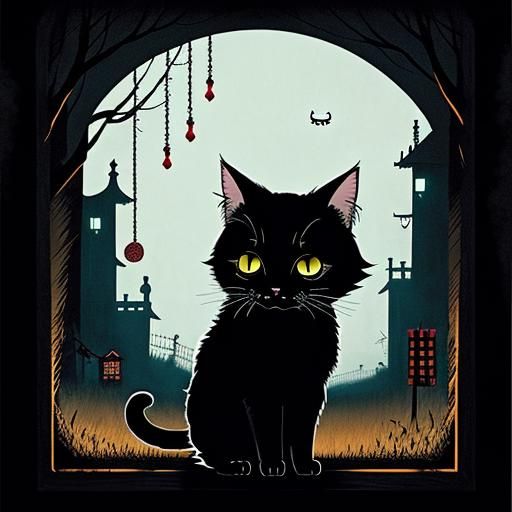 Creepy Kawaii Cat: A Ghibli-esque Digital Illustration