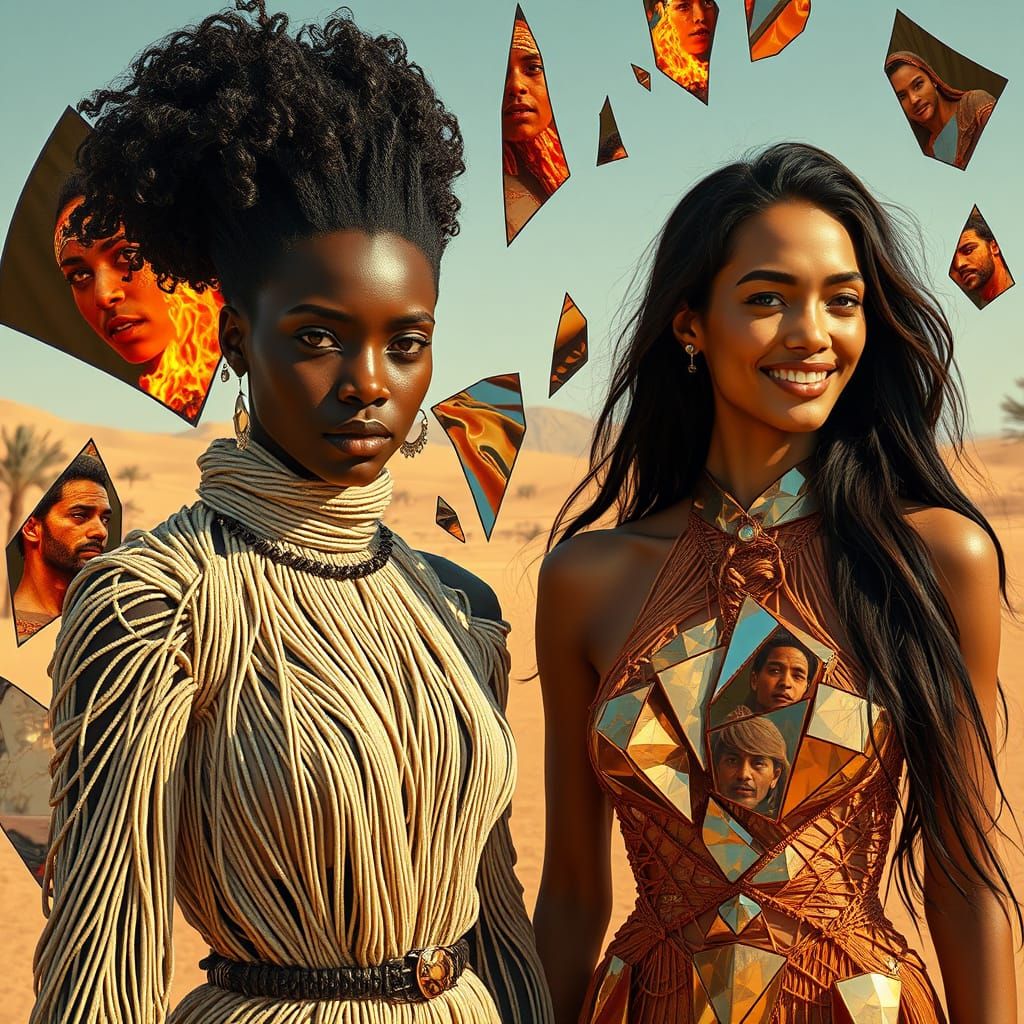 Futuristic Women in a Surreal Oasis Landscape