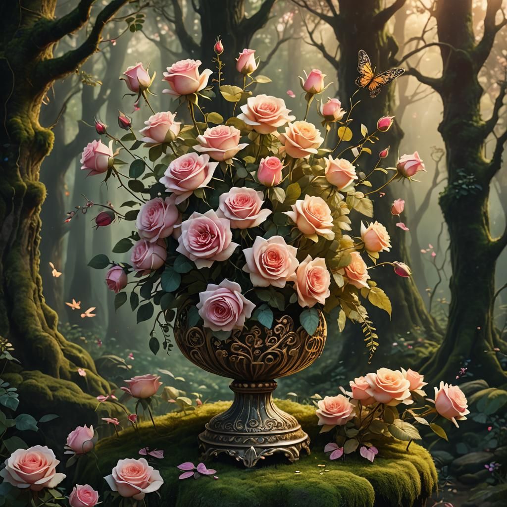 Magical Rose Bouquet in Mystical Forest, Fantasy Art