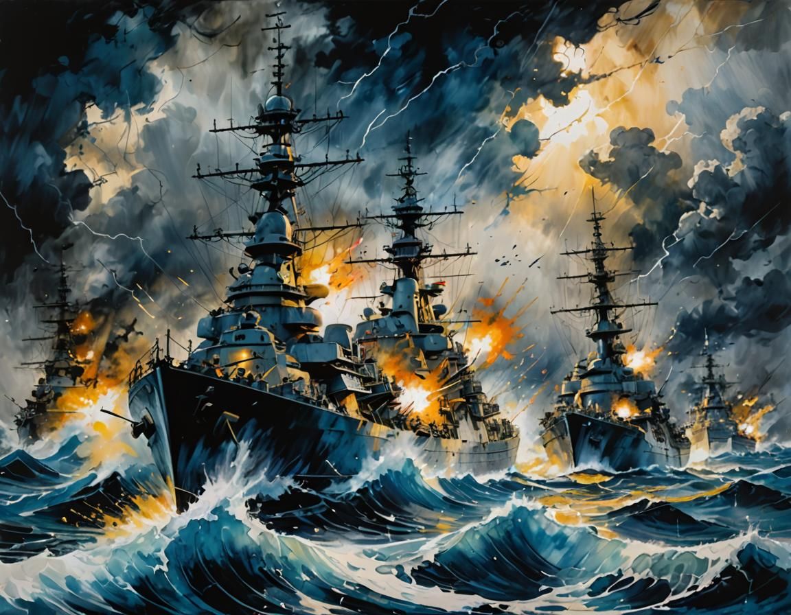 Frenzied Naval Battle in Action Painting Style