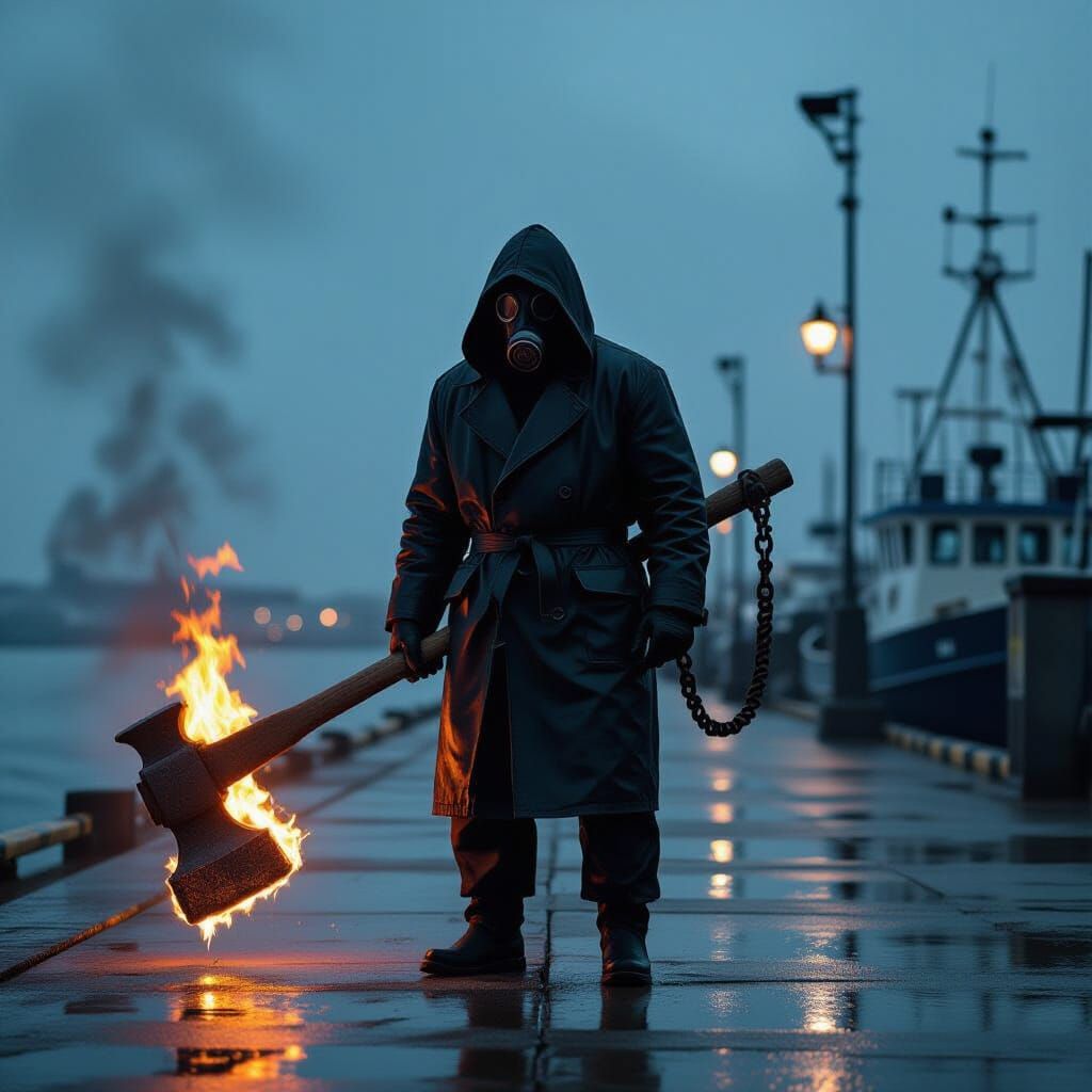 Stormy Dockside: Gas Masked Figure with Sledgehammer