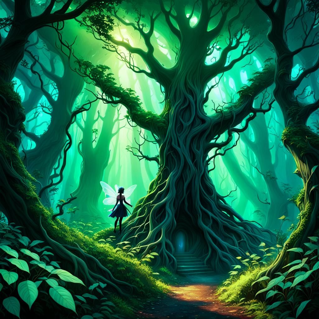 Mischievous Fairy Hiding in Enchanted Forest, Digital Matte ...