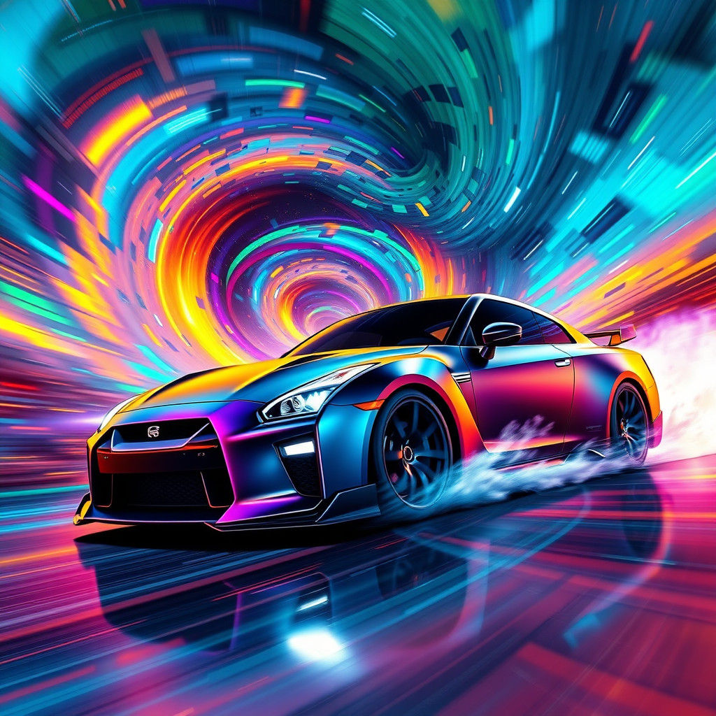 Nissan GTR Drifting Through Iridescent Dimensions