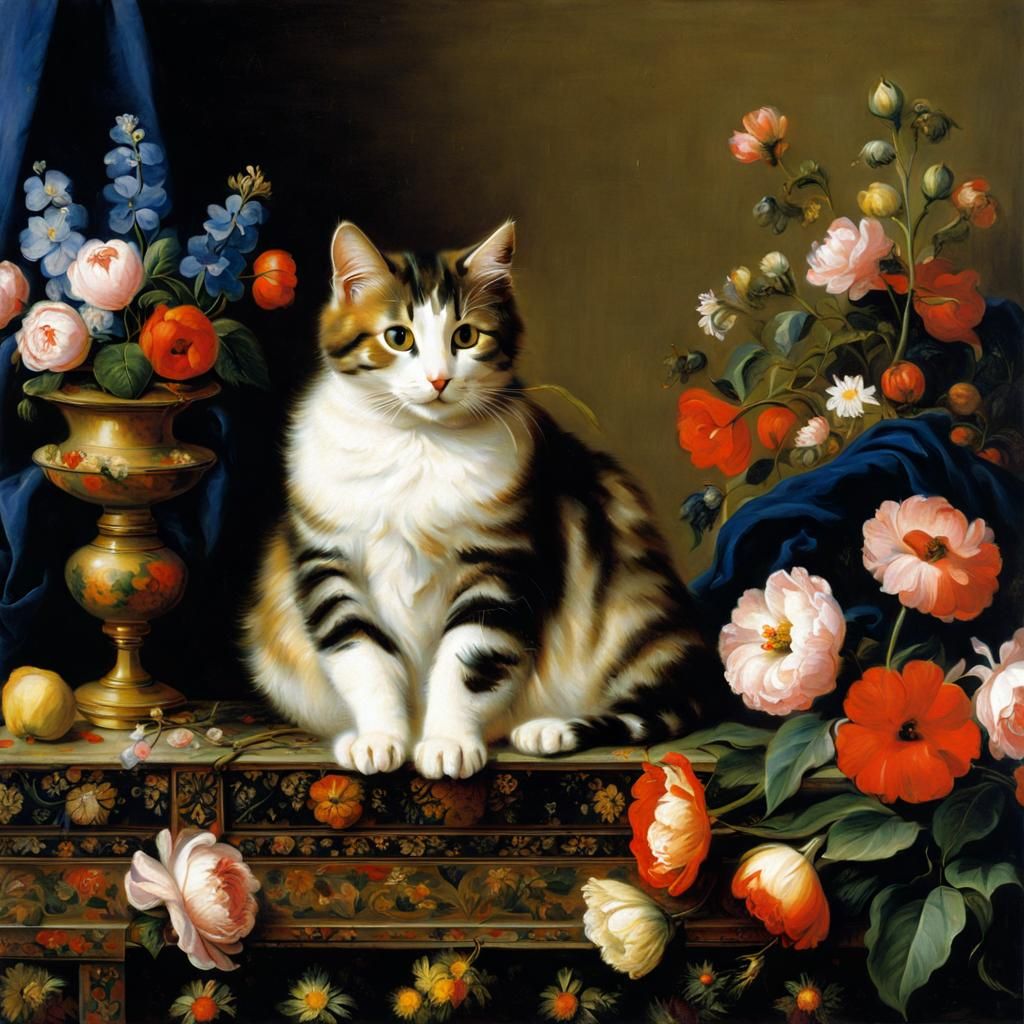 A Whimsical Vermeer-Inspired Scene of a Cute Cat in a Floral...