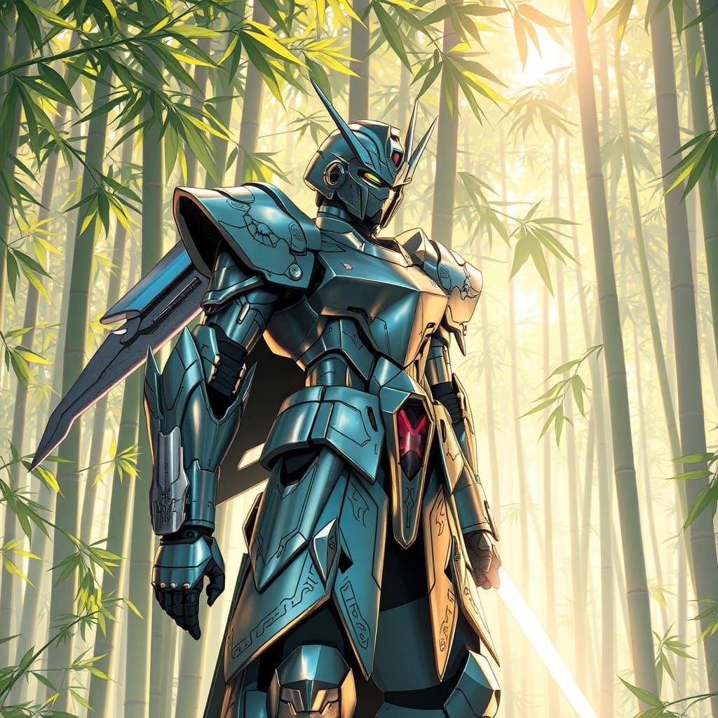 Non-Binary Knight in Gundam Armor in Bamboo Forest